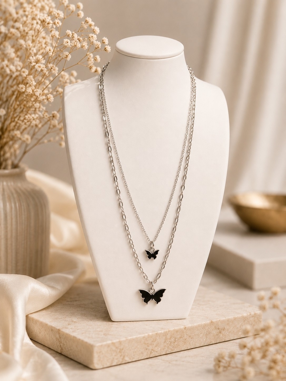 Butterfly Silver Necklace Layered with crystal accents